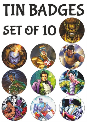 SET OF 10 TIN BADGES